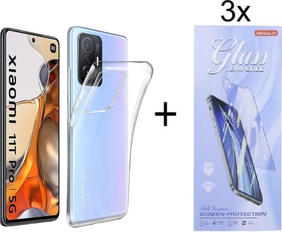 Hoesje Geschikt voor: Xiaomi 11T / 11T Pro Silicone Transparant + 3X Tempered Glass Screenprotector - ZT Accessoires
