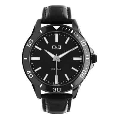 Q&Q Q28B-008PY - Horloge - Analoog - Heren - Mannen - Leren band - Rond - Metaal - Zwart - 5 ATM