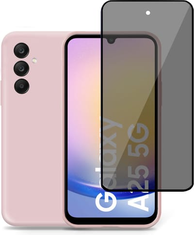 Hoesje + Privé Screenprotector geschikt voor Samsung Galaxy A25 – Privacy Tempered Glass - Back Case Cover Roze