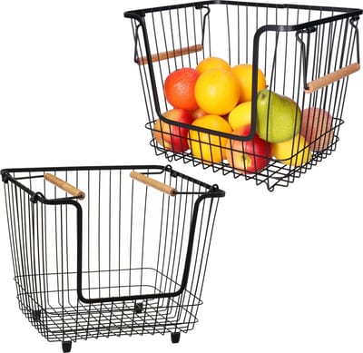 5Five Draadmand/opbergmand met handvat - 2x - stapelbaar - zwart - 33 x 26 x 26 cm