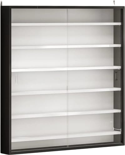 Noventra - Vitrinekast - Wandvitrine - Verzamelkast - Displaykast - Glazen Schuifdeuren - Verstelbare Legplanken - Zwart - 80 x 9,5 x 83 cm