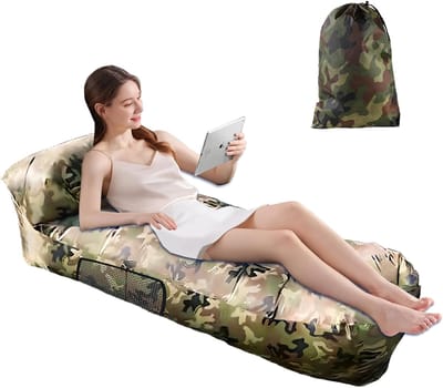 Thijox - Opblaasbare Strandbank 230 x 70 cm, Luchtbank met Kussen en Zijzakken, Oxford-stof 210D, Legergroen Camouflage, Perfect voor Camping en Outdo