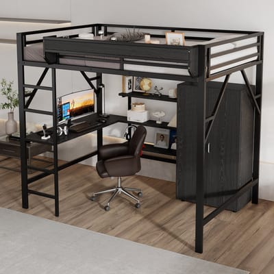 DESMIU Hoogslaper 140x200 cm – Hoogslaper Met Bureau, Kast En Opbergvakken – Voor Kinderkamer – Metaal En MDF – Zwart – Zonder Matras