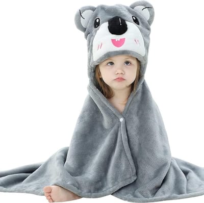 BoefieBoef Baby Kinderdeken Koala – Superzachte Flanellen Fleece Badcape, Wikkelcape en Speelkleed in één – jongens en meisjes – Kinderdeken voor Peuters – Origineel Kraamcadeau, Kerstcadeau en Carnaval Outfit – Babykleedje met Dierenprint – Grijs