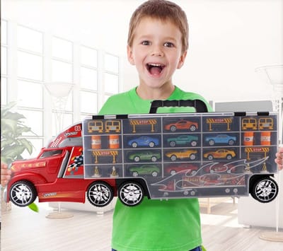 Little Ant - Transportwagen met 10 Metalen Auto's - Speelgoed Vrachtwagen - Met Lanceerbaan - Draagkoffer & Speelmat