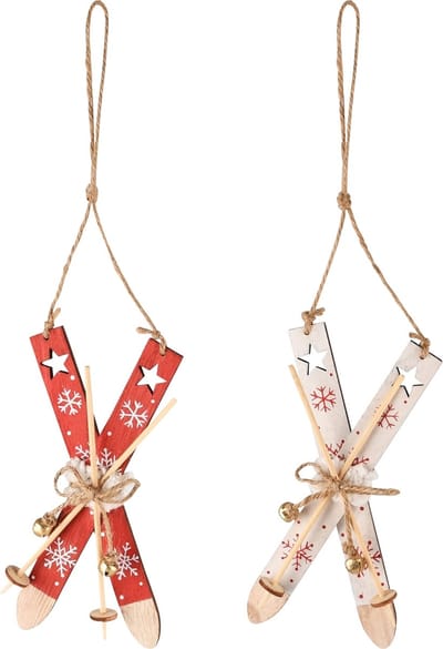 Dekoratief | Hanger ski's, rood/wit, hout, 8x15x2cm, set van 2 stuks | A235665