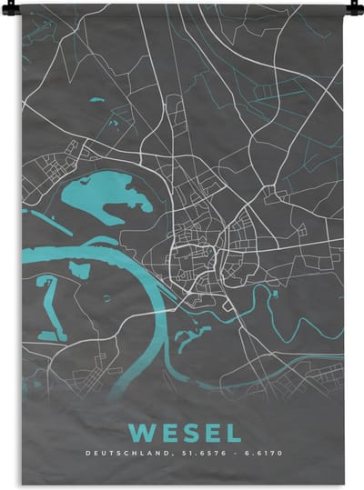 Wandkleed - Wanddoek - Duitsland – Blauw – Wesel – Stadskaart – Kaart – Plattegrond - 120x180 cm - Wandtapijt