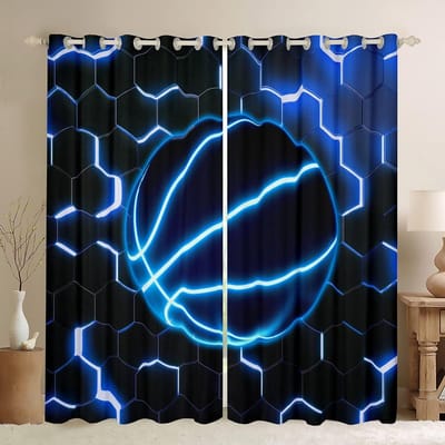 2 gordijnpanelen Zeshoekig Geometrisch Gloeiend Gordijn Basketbal Honkbal Voetbal Voetbal Gordijn voor Jongens Slaapkamer Gordijnen Raam cortinas 100W130H(CM)40x51in&rod pocket