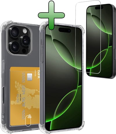Hoesje Geschikt voor Apple iPhone 16 Pro - Met Screenprotector - En Pashouder - En Kaarthouder - Telefoon Hoes Shockproof - Siliconen Case - Back Cover - Shock Proof - Pasjes Houder - Transparant