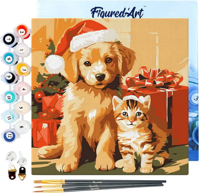 Figured'Art Mini Schilderen op Nummer Volwassenen 20x20cm met lijst Kerstkat en -hond - Klein Formaat Creatieve Hobby Kit DIY Art Nummer Compleet