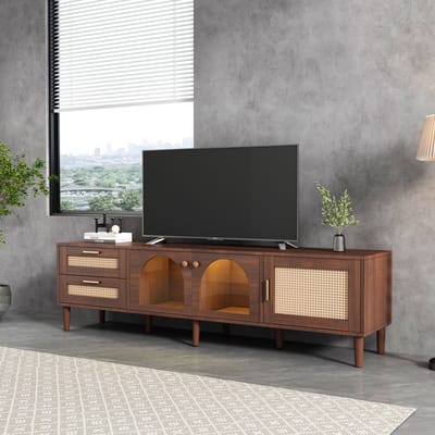 REDOM TV-meubel 180x40x50 cm van spaanplaat en glas, bruin met rattan, met opbergruimte en 16-kleur LED