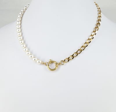 KAYEE - Moderne parel met schakelketting - crème/goudkleurig - 45cm