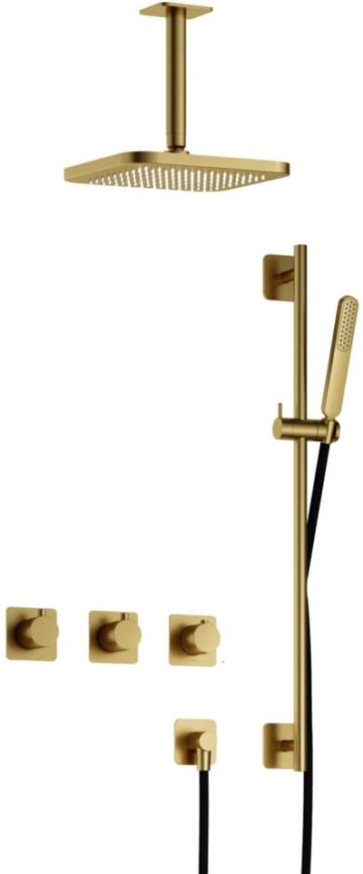 Hotbath Gal - Inbouw Regendoucheset - Geborsteld Messing PVD - 2 Stopkranen - Thermostatisch - Plafondbuis 15 cm - Hoofddouche 220 mm - Staafhanddouche - Glijstang 900 mm - V02