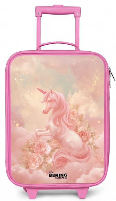 NoBoringSuitcases.com® - Kinderkoffer roze - Kindertrolley meisje - Eenhoorn - Wolken - Roze - Koffer kind lichtgewicht - Reiskoffer trolley voor kinderen - Koffertje met lichtgevende wieltjes - Rolkoffer