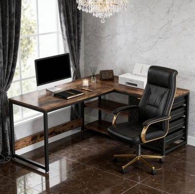 Bureau - L Vormig Hoekbureau Met 4 Lades En 2 Niveaus Opbergrek - Voor Thuiswerkplek En Kantoor - Metaal En Hout - 150x110x75 Cm - Zwart Bruin
