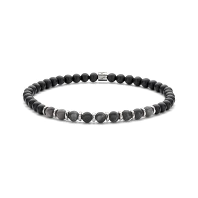 Frank 1967 7FB-0686 Kralen Armband 4mm - Agaat - Mat Hematiet - Staal - Rekbaar - 19cm - Zwart - Grijs