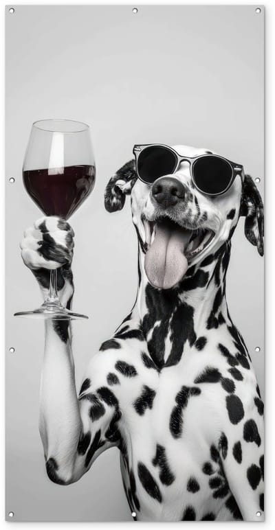Tuinposter 100x200 cm - Tuindecoratie Zonnebril - Dalmatiër - Wijnglas - Tong - Poster voor in de tuin - Buiten decoratie - Schutting tuinschilderij - Tuindoek muurdecoratie - Wanddecoratie balkondoek