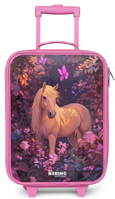 NoBoringSuitcases.com® - Kinderkoffer roze - Kindertrolley meisje - Paard - Bloemen - Paars - Vlinder - Koffer kind lichtgewicht - Reiskoffer trolley voor kinderen - Koffertje met lichtgevende wieltjes - Rolkoffer