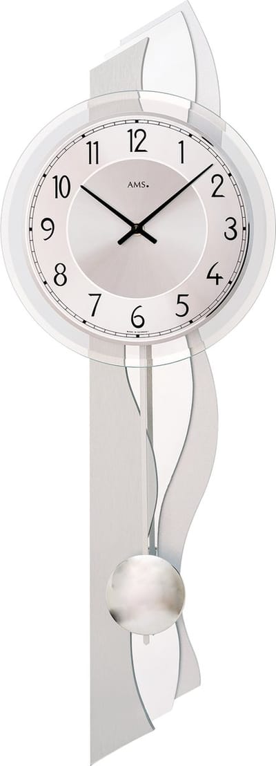 AMS wandklok slingerklok | 7476 zilver met zwarte arabische nummers