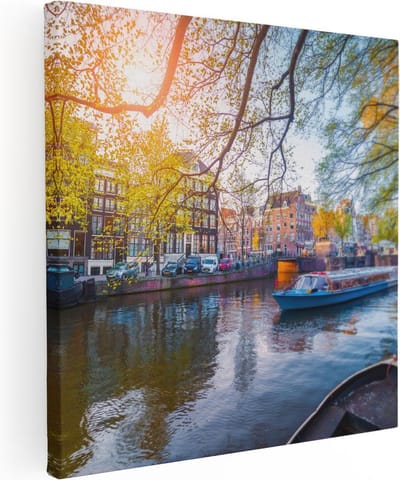 Artaza Canvas Schilderij Amsterdamse Grachten - 80x80 cm - Wanddecoratie Amsterdam - Muurdecoratie Herfst - Schilderijen Op Canvas