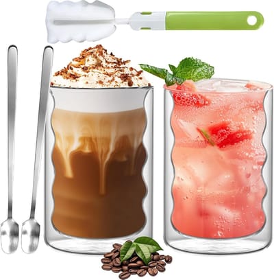Dubbelwandige Koffiemok van Glas, 350 ml, Perfect voor Heet en Koud Drankjes, Set van 2
