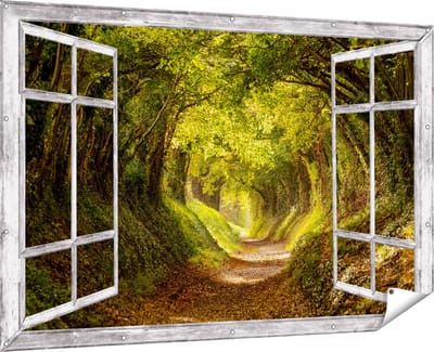 Gards Tuinposter Doorkijk Pad in het Bos met veel Bladeren - 180x120 cm - Tuindoek - Tuindecoratie - Wanddecoratie buiten - Tuinschilderij