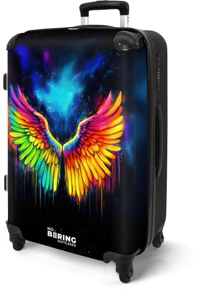 NoBoringSuitcases.com® - Koffer groot - Rolkoffer lichtgewicht - Zwart galaxy met kleurrijke vleugels - Reiskoffer met 4 wielen - Valies grote trolley XL op wieltjes - Harde reistrolley met TSA slot - 20 kg bagage - Reizen
