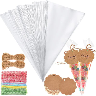 Dailygoods- Snoepzakjes 100 stuks - Puntzakjes 25 x 13 cm - Transparante zakjes - Geschenkhangers - Sluiting met jute koord - Robuust en duurzaam - Cadeauzakjes