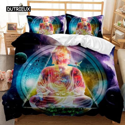 Boeddha Dekbedovertrek Set Kingsize Gouden Mandala Thema van Aziatische Cultuur Beddengoedset Microvezel Exotische Retro Stijl Dekbedovertrek AU Single(140x210cm)