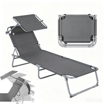 Opklapbare ligstoel - tuinstoel - 187 x 58 x 36 cm - perfect voor strand en terras - Campingstoelen - Strandstoel verstelbare luifel - tuinligstoel - grijs
