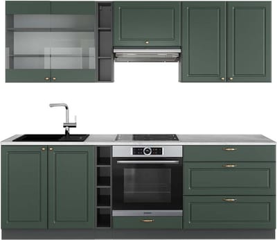 Vicco Fame-Line Complete keukeneenheid – 235 cm, WB Marmer Groen-Goud Landhuis/Antraciet