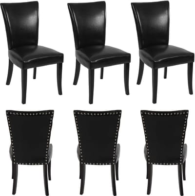 Set van 6 Chesterfield eetkamerstoelen, keukenstoelen, studs MVG-gecertificeerd ~ kunstleer, zwart, donkere poten