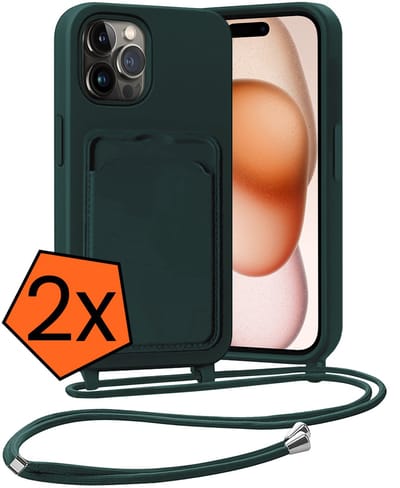 Hoesje Geschikt voor iPhone 14 Pro Hoesje Met Telefoonketting Pasjeshouder Case Koord - Hoesje Geschikt voor iPhone 14 Pro Hoes Met Kaarthouder - Donkergroen - 2 PACK