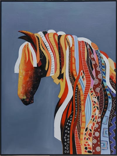 Fine Asianliving Olieverf Schilderij 100% Handgeschilderd 3D met Reliëf Effect en Zwarte Omlijsting 90x120cm Paard Grijs