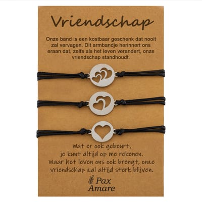 Vriendschapsarmbandjes voor 3 "Vriendschap" - Verschillende Hartjes - BFF Armbandjes met Cadeau Kaartje - Zilverkleurig - Elastisch Verstelbaar - Pax Amare