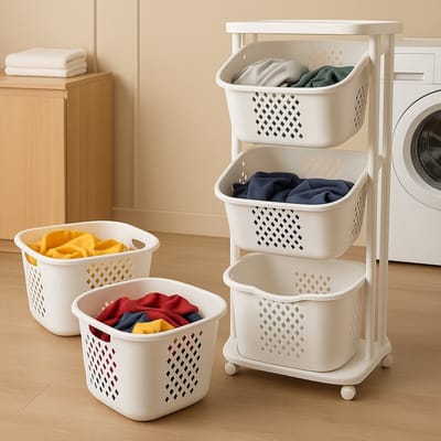 Rollende Waskar – Wasmand met 3 Vakken – 360° Wielen – Geventileerd – Ruimtebesparend – 3 x 25L – Wit
