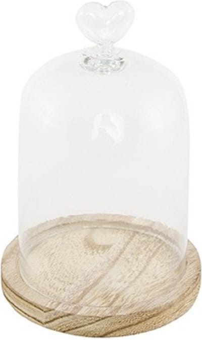 Chaks Decoratie stolp - glas - houten plateau - D11 x H16 cm - stolp met hartje