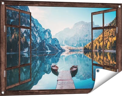 Gards Tuinposter Doorkijk Twee Bootjes op het Meer in de Bergen - 90x60 cm - Tuindoek - Tuindecoratie - Wanddecoratie buiten - Tuinschilderij