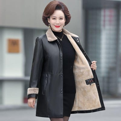 Veste en cuir pour femme en hiver avec polaire épaisse et coupe mi-longue pour une protection contre la chaleur et le froid 3XL4XL noir
