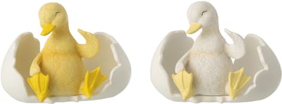 J-Line decoratie Eend in Eierschaal - polyresin - wit/geel - small - 2 stuks