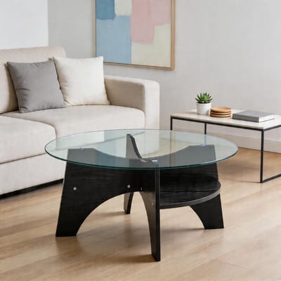 KOMHTOM - Moderne ronde bijzettafel - Veiligheidsglas - Vakvormig frame - MDF tafelpoten met zwarte houtlook - Ø 80 cm