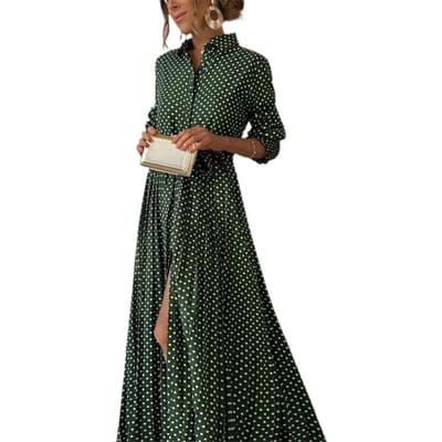 Dames Avondjurk Korte Mouwen Stippenprint A-lijn Grote Split Zoom Boheemse Stijl Opstaande Kraag Elastische Taille Daten Prom Reizen Praktisch Gebruik S black