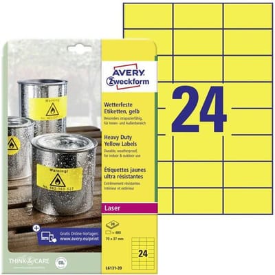 Avery-Zweckform L6131-20 Folie-etiketten 70 x 37 mm Polyester folie Geel 480 stuk(s) Permanent hechtend Laser (kleur), Laser (zwart/wit), Kopiëren