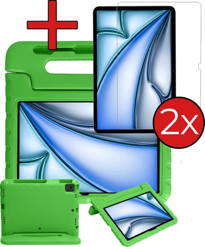 Hoesje - Geschikt voor Apple iPad Air (2024/2025/2026) - 11 inch - Met 2x Screenprotector - Kinderhoes - Shockproof Bumper - Kidsproof Case - Tablethoes - Kinder Hoes Cover - Groen