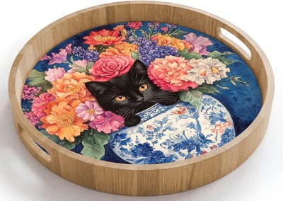 Dienblad rond 40x40 cm - Schootdienblad hout - Kat - Felgekleurde bloemen - Vaas - Borrelplank rechthoek - Plateau houten dienbladen