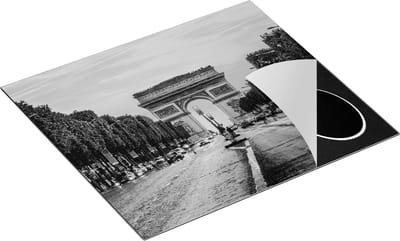 Chefcare Inductie Beschermer Arc de Triomphe in Parijs vanaf de Straat - Zwart Wit - 60x50 cm - Afdekplaat Inductie - Kookplaat Beschermer - Inductie Mat