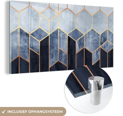 MuchoWow® Glasschilderij 40x20 cm - Schilderij acrylglas - Hexagon - Gold - Luxe - Patronen - Foto op glas - Schilderijen