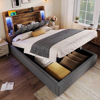 Sweiko Eenpersoonsbed - 90 x 200 cm - USB/Type-C - Opbergruimte - LED-verlichting - Linnen - Grijs