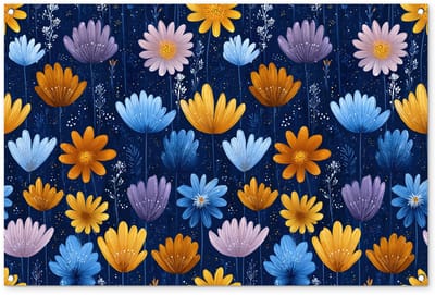 Tuinposter 120x80 cm - Tuindecoratie Bloemen - Patroon - Blauw - Contrast - Poster voor in de tuin - Buiten decoratie - Schutting tuinschilderij - Tuindoek muurdecoratie - Wanddecoratie balkondoek