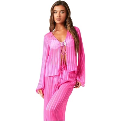 Missy Empire Dames Gestreepte Doorschijnende Cover-up (Roze Print)
